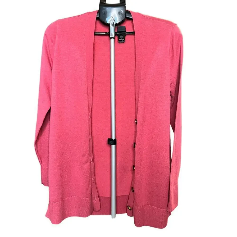 LOFT Long Cardigan, Medium, Dark Pink / Red, Button, Cotton Blend, Office, Work